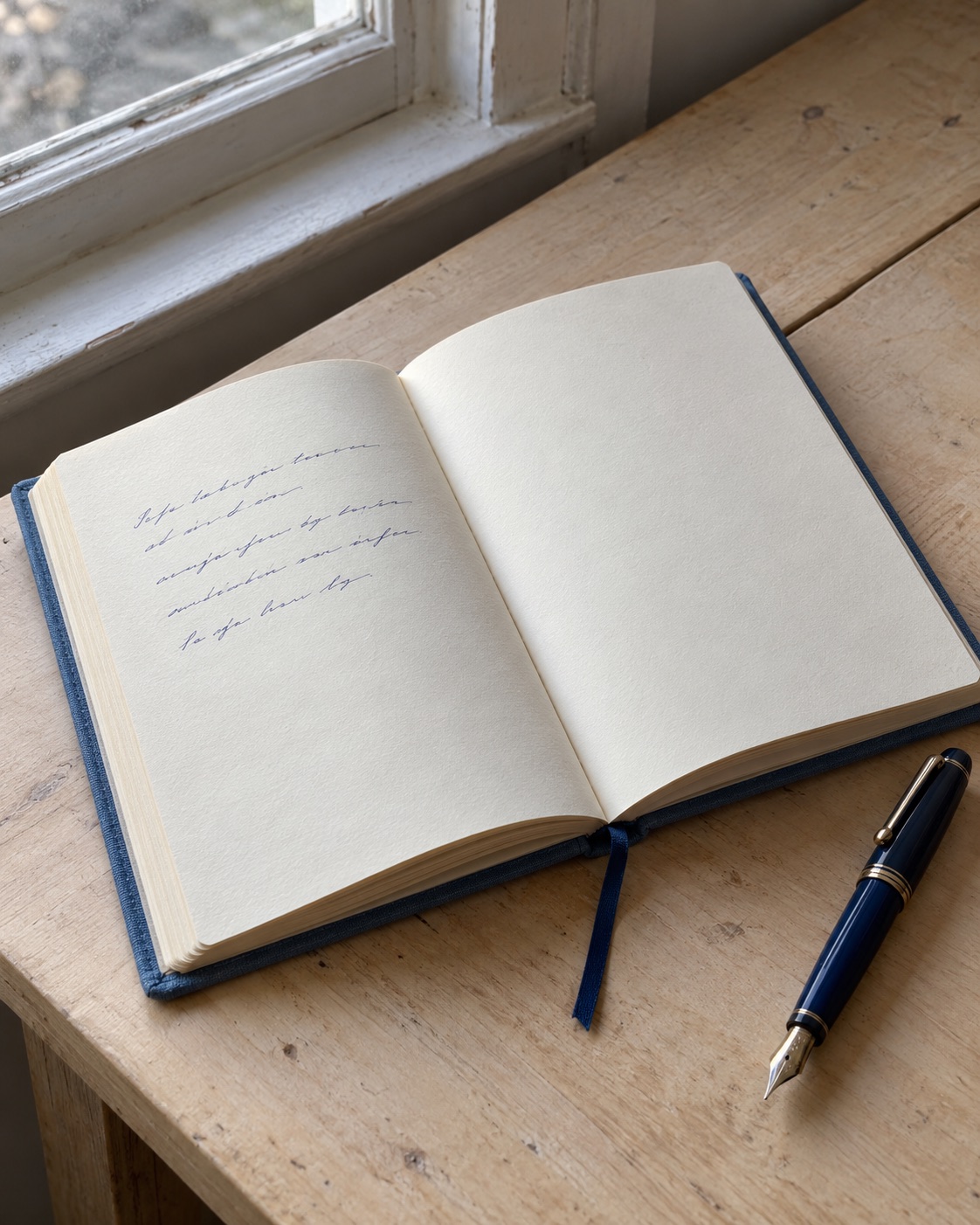 An open ivory journal and a blue fountain pen in soft window light