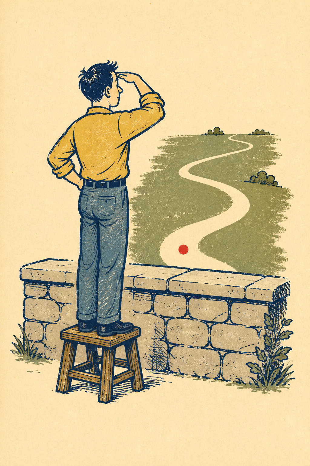 A person using a small stool to look over a wall at the path behind them